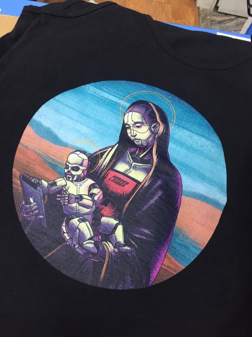 Harder & Louder artwork printed on a black shirt